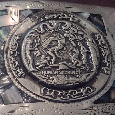 Vintage Mother of Pearl Inlay Aztecan Mexican Cultural Ritual Belt Buckle (#1)