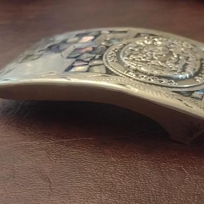 Vintage Mother of Pearl Inlay Aztecan Mexican Cultural Ritual Belt Buckle (#1)