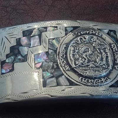 Vintage Mother of Pearl Inlay Aztecan Mexican Cultural Ritual Belt Buckle (#1)