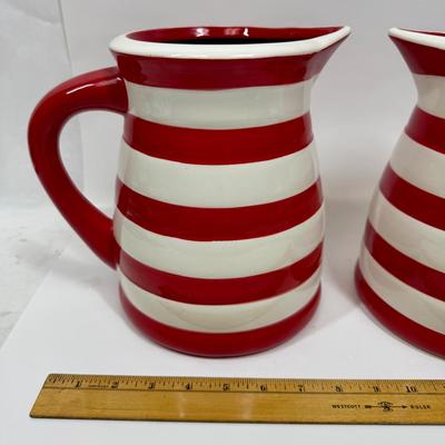 (2) Red & White Striped Pitchers BY GRAC'E PANTRY Dishwasher & Microwave Safe Ceramic Pottery