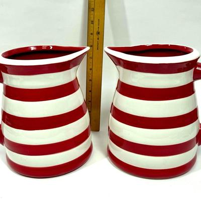 (2) Red & White Striped Pitchers BY GRAC'E PANTRY Dishwasher & Microwave Safe Ceramic Pottery