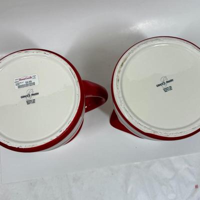 (2) Red & White Striped Pitchers BY GRAC'E PANTRY Dishwasher & Microwave Safe Ceramic Pottery
