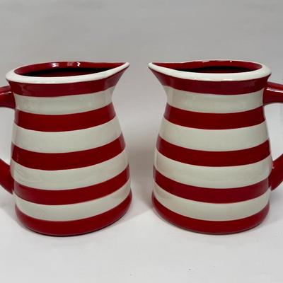 (2) Red & White Striped Pitchers BY GRAC'E PANTRY Dishwasher & Microwave Safe Ceramic Pottery