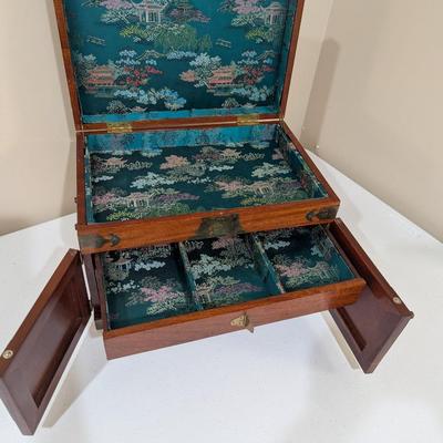 Antique Chinese Asian Wood & Brass Jewelry Box Chest With Drawers (SR)