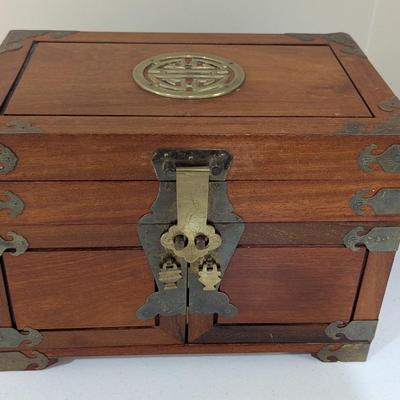 Antique Chinese Asian Wood & Brass Jewelry Box Chest With Drawers (SR)