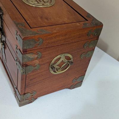 Antique Chinese Asian Wood & Brass Jewelry Box Chest With Drawers (SR)