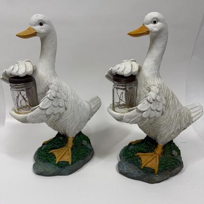 White Duck Garden Figurines with Jars of Lights