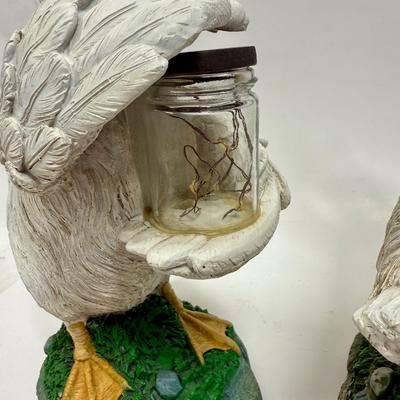 White Duck Garden Figurines with Jars of Lights