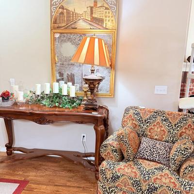 Lot 2: Italian Mirror, Beautiful Leopard Chair, Hooker Entertainment Center, Home Decor & More