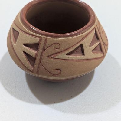 Native American Carved Red Pottery Bowl 4 1/2" Signed (SR)