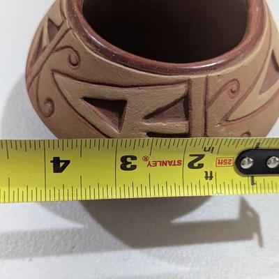 Native American Carved Red Pottery Bowl 4 1/2" Signed (SR)
