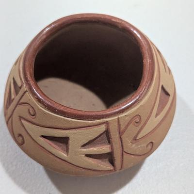 Native American Carved Red Pottery Bowl 4 1/2" Signed (SR)