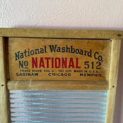 NATIONAL GLASS WASHBOARD NO 512 AND A LARGE ENAMEL BOWL