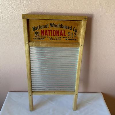 NATIONAL GLASS WASHBOARD NO 512 AND A LARGE ENAMEL BOWL