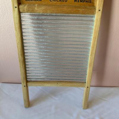 NATIONAL GLASS WASHBOARD NO 512 AND A LARGE ENAMEL BOWL