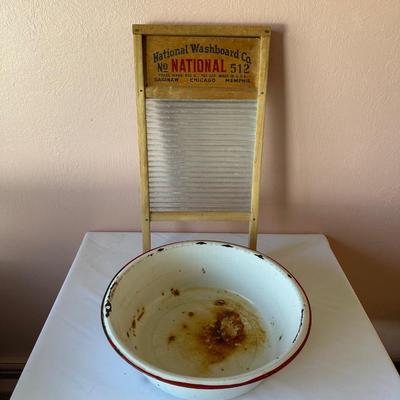 NATIONAL GLASS WASHBOARD NO 512 AND A LARGE ENAMEL BOWL