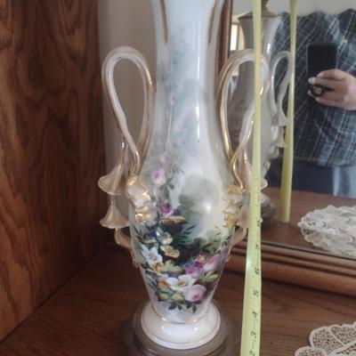 Vintage Italian Porcelain Hand Painted Vase Post Table Lamp with Shade