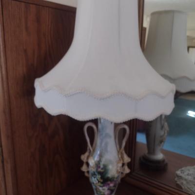 Vintage Italian Porcelain Hand Painted Vase Post Table Lamp with Shade