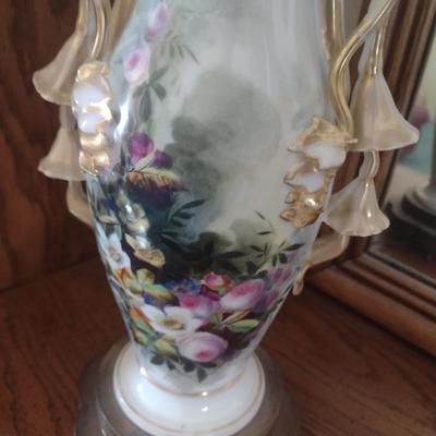 Vintage Italian Porcelain Hand Painted Vase Post Table Lamp with Shade