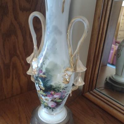 Vintage Italian Porcelain Hand Painted Vase Post Table Lamp with Shade