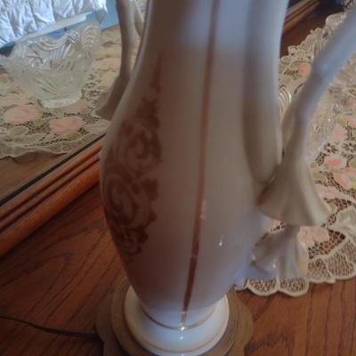 Vintage Italian Porcelain Hand Painted Vase Post Table Lamp with Shade