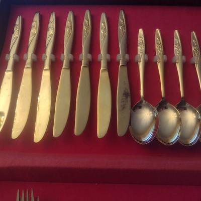 Gold Tone Stainless Taiwanese Flatware Set in Storage Box
