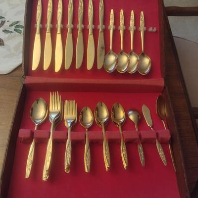 Gold Tone Stainless Taiwanese Flatware Set in Storage Box