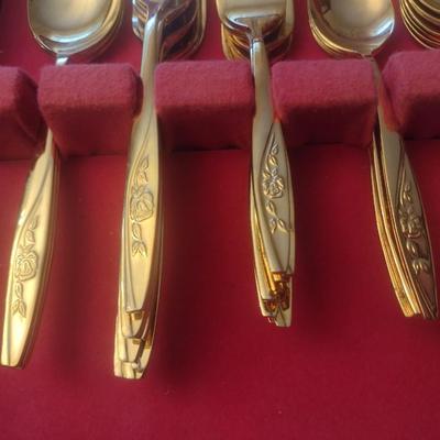 Gold Tone Stainless Taiwanese Flatware Set in Storage Box