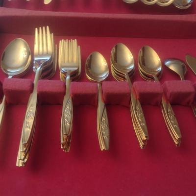 Gold Tone Stainless Taiwanese Flatware Set in Storage Box