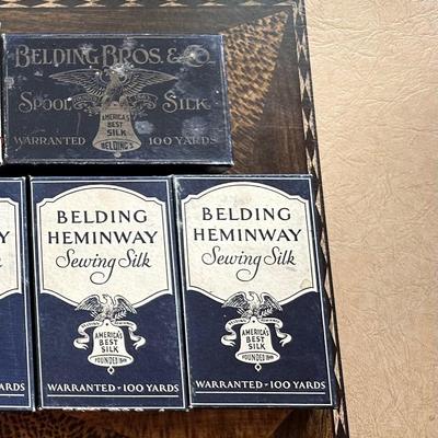 MANY WOODEN SPOOLS OF BELDING HEMINWAY THREAD