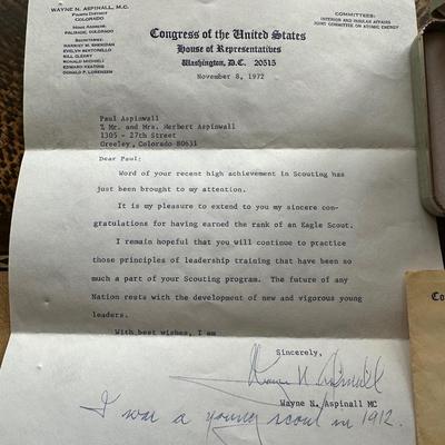 EAGLE SCOUT AWARD WITH A LETTER OF RECOGNITION FROM WAYNE N. ASPINALL, CONGRESS OF THE UNITED STATES, HOUSE OF REP.