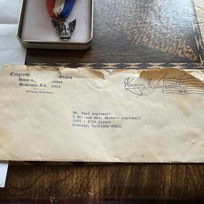 EAGLE SCOUT AWARD WITH A LETTER OF RECOGNITION FROM WAYNE N. ASPINALL, CONGRESS OF THE UNITED STATES, HOUSE OF REP.