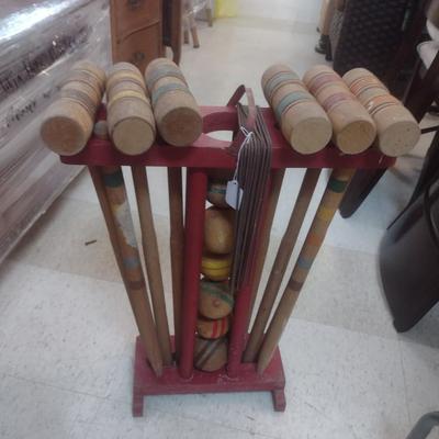Vintage Wood Mallet and Ball Croquet Set