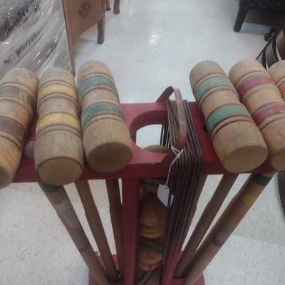 Vintage Wood Mallet and Ball Croquet Set