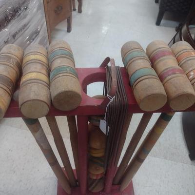 Vintage Wood Mallet and Ball Croquet Set