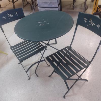 Vintage Three-Piece Patio Metal Table and Chair Set Folding Leg Design