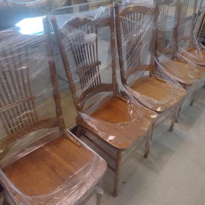 Set of Six Solid Oak Spindle Back Dining Chairs