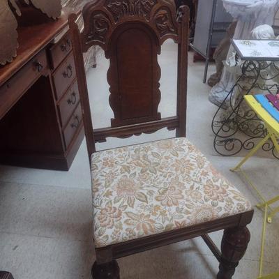 Set of Six Vintage Walnut Framed Dining Chairs includes One Carver Chair Cushioned Seats