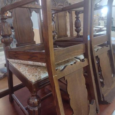 Set of Six Vintage Walnut Framed Dining Chairs includes One Carver Chair Cushioned Seats