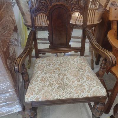 Set of Six Vintage Walnut Framed Dining Chairs includes One Carver Chair Cushioned Seats