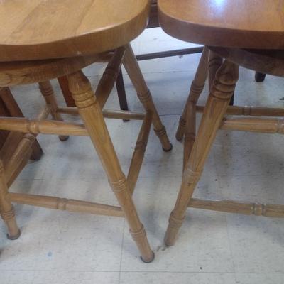 Pair of Solid Oak Wood Spindle Back Swivel Seat Bar Stools