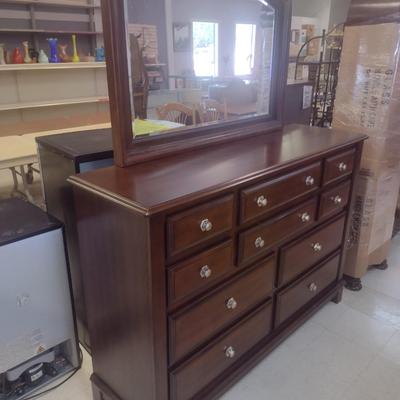 Large Mahogany Finish Ten Drawer Dresser with Mirror