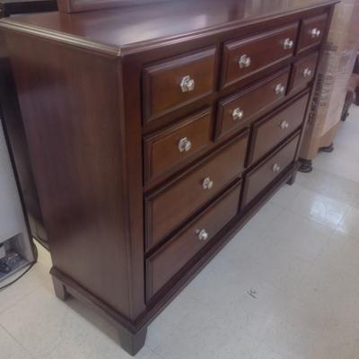 Large Mahogany Finish Ten Drawer Dresser with Mirror