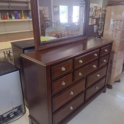 Large Mahogany Finish Ten Drawer Dresser with Mirror
