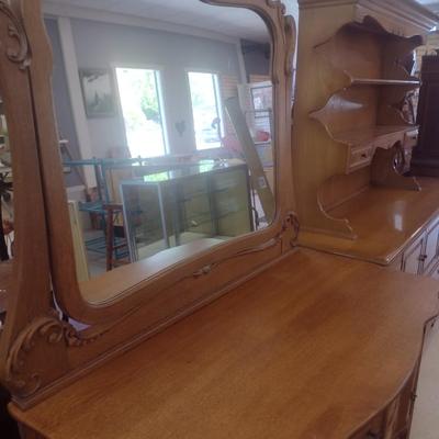 Antique Solid Oak Serpentine Two Over Two Dresser with Harnessed Swivel Mirror