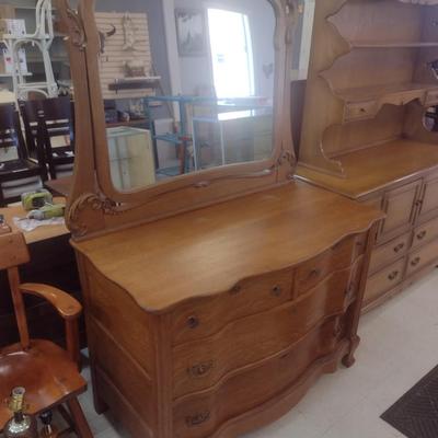 Antique Solid Oak Serpentine Two Over Two Dresser with Harnessed Swivel Mirror