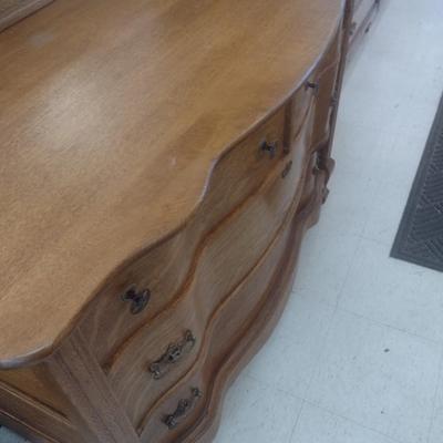 Antique Solid Oak Serpentine Two Over Two Dresser with Harnessed Swivel Mirror