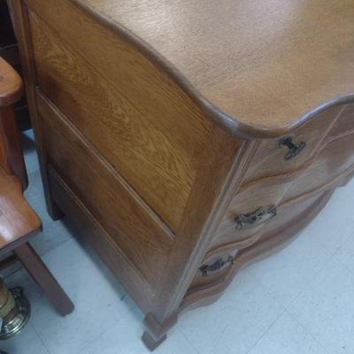 Antique Solid Oak Serpentine Two Over Two Dresser with Harnessed Swivel Mirror