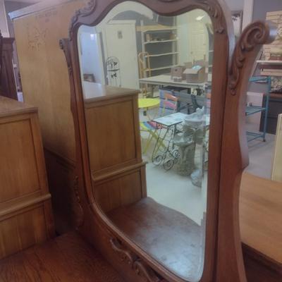 Antique Solid Oak Serpentine Two Over One Dresser with Harnessed Swivel Mirror