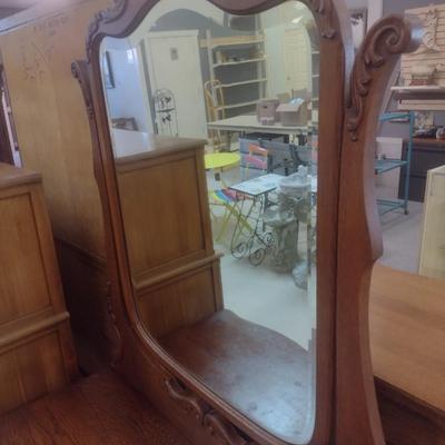 Antique Solid Oak Serpentine Two Over One Dresser with Harnessed Swivel Mirror